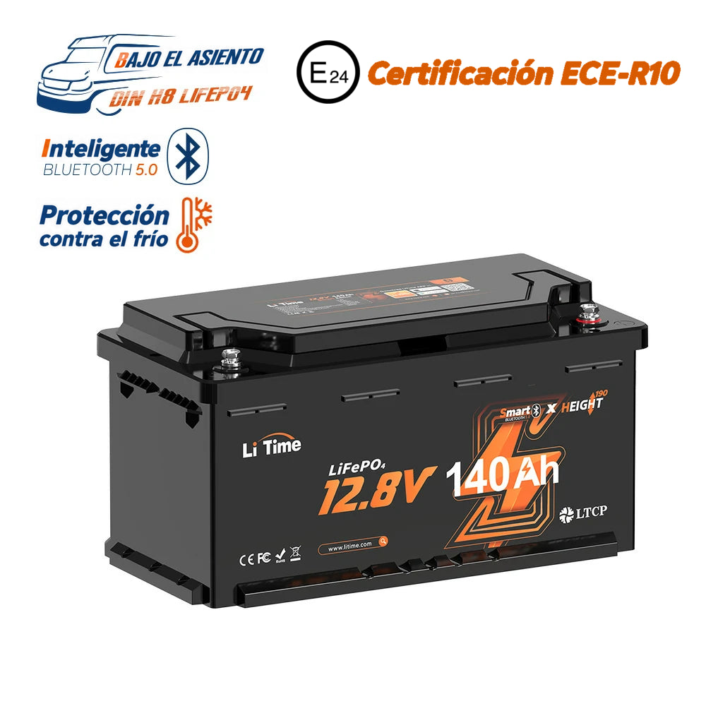 Batería LiFePO4 12V 140Ah H190 para Autocaravanas – Bluetooth, Montaje Bajo Asiento, Formato DIN H8
