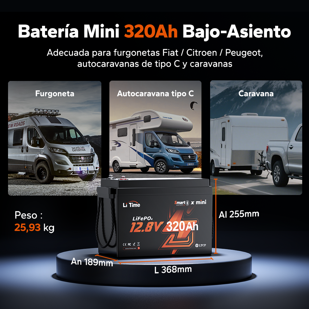 Batería LiFePO4 12V 320Ah W190 para autocaravana, batería de litio compacta para montaje bajo asiento con Bluetooth