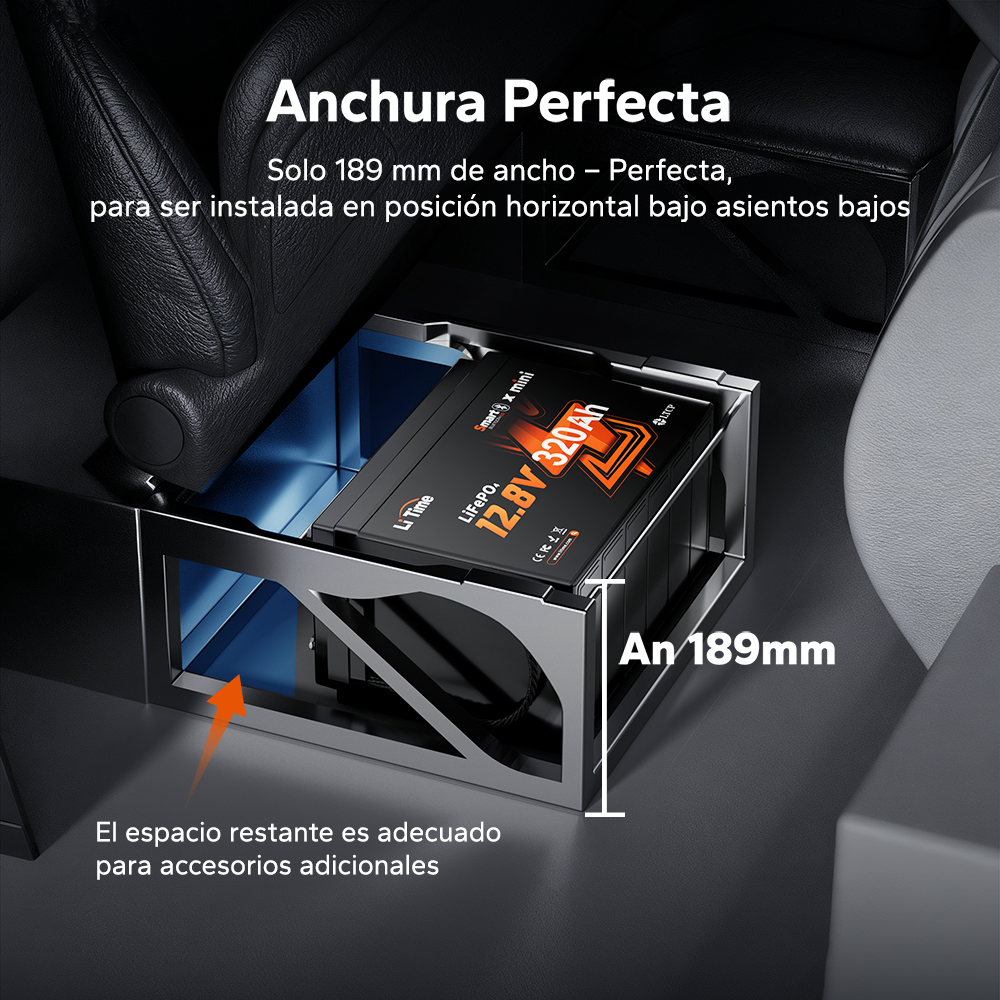Batería LiFePO4 12V 320Ah W190 para autocaravana, batería de litio compacta para montaje bajo asiento con Bluetooth