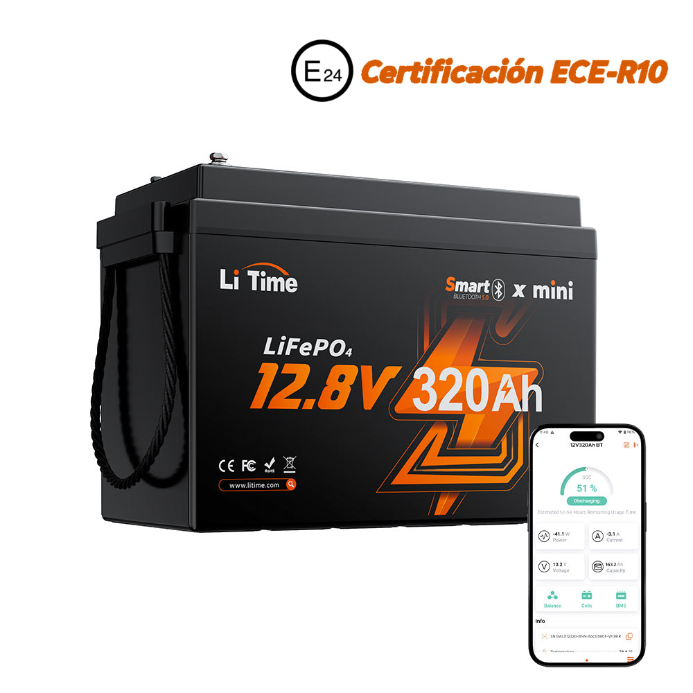Batería LiFePO4 12V 320Ah W190 para autocaravana, batería de litio compacta para montaje bajo asiento con Bluetooth