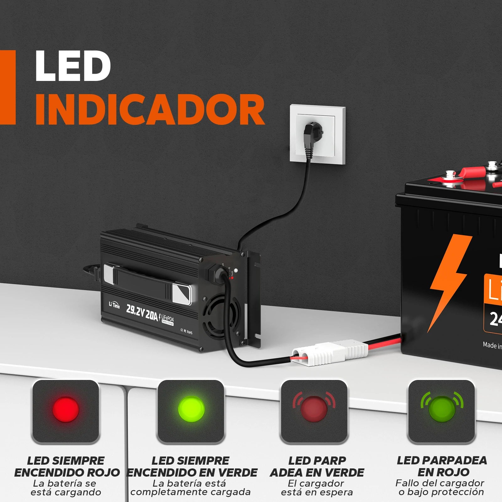 Cargador de batería de litio LiTime 29.2V 20A para batería de litio LiFePO4 de 24V