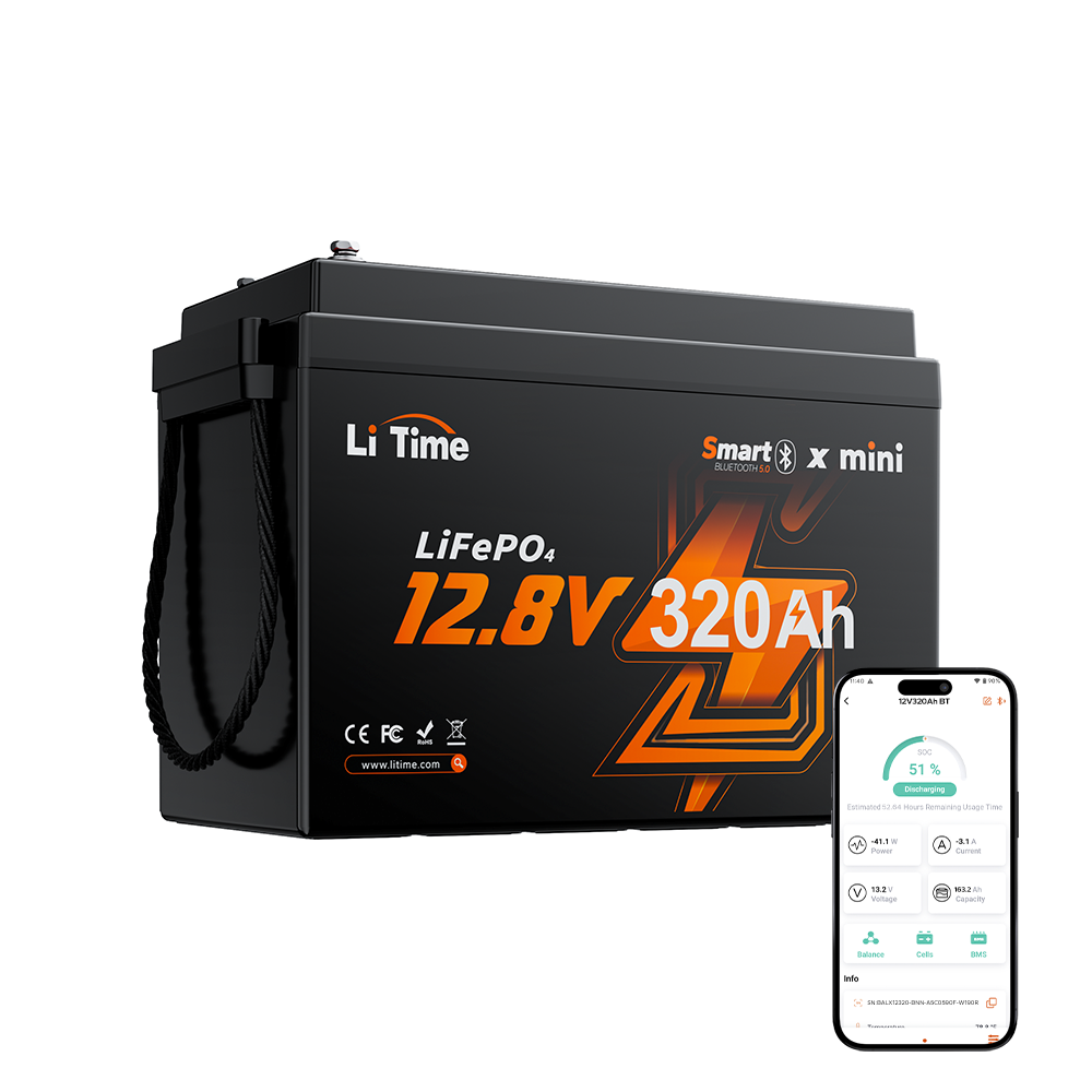 Batería LiFePO4 12V 320Ah W190 para autocaravana, batería de litio compacta para montaje bajo asiento con Bluetooth
