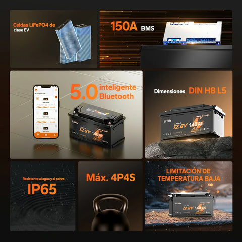 Batería de Litio 12V 140Ah H190 para Autocaravana – Con Bluetooth y Montaje Bajo Asiento – Formato DIN H8