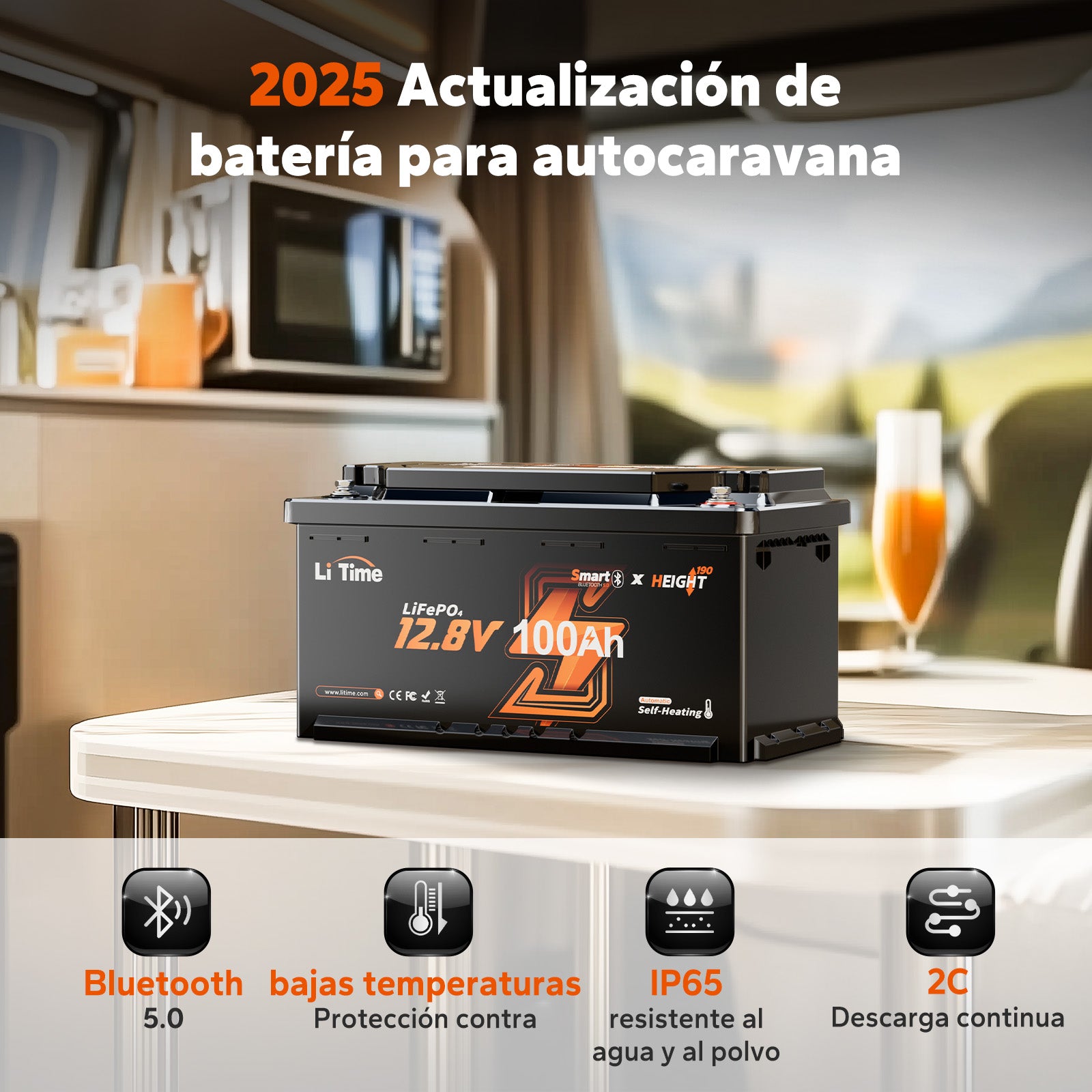 Batería LiFePO4 12V 100Ah – 200A Continua para Mover Autocaravanas, con Bluetooth, Calefacción y Formato DIN H8