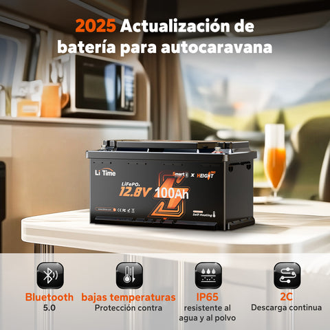Batería LiFePO4 12V 100Ah – 200A Continua para Mover Autocaravanas, con Bluetooth, Calefacción y Formato DIN H8
