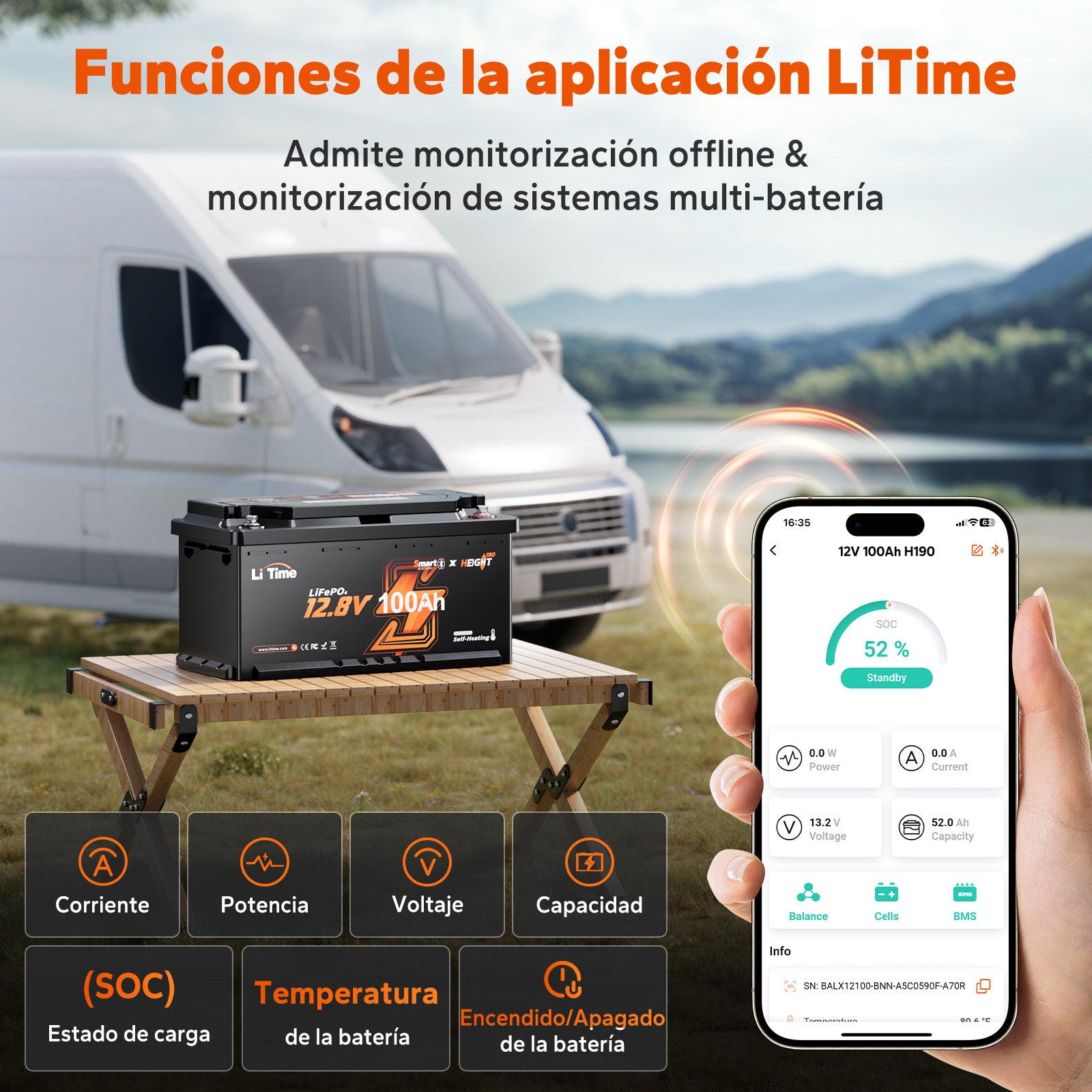 Batería LiFePO4 12V 100Ah – 200A Continua para Mover Autocaravanas, con Bluetooth, Calefacción y Formato DIN H8
