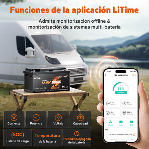Batería LiFePO4 12V 100Ah – 200A Continua para Mover Autocaravanas, con Bluetooth, Calefacción y Formato DIN H8
