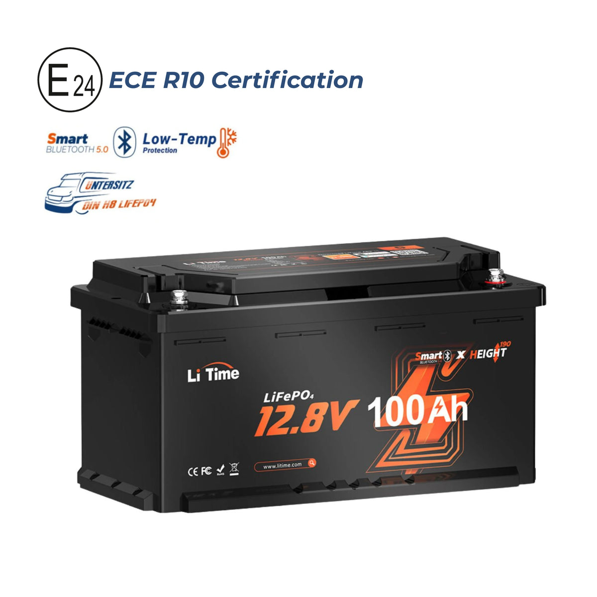 Batería LiFePO4 12V 100Ah H190 para Autocaravanas – Bluetooth, Montaje Bajo Asiento, Formato DIN H8