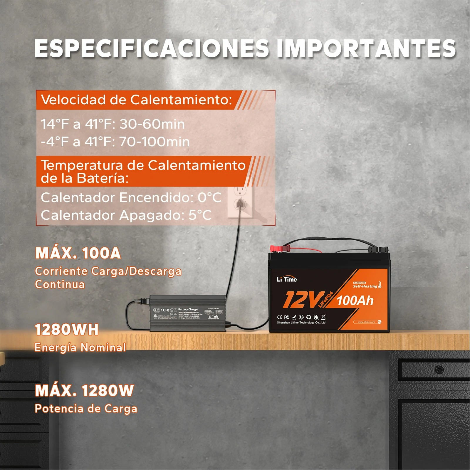 LiTime 12V 100Ah Batería LiFePO4 de ciclo profundo con autocalentamiento y protección contra bajas temperaturas
