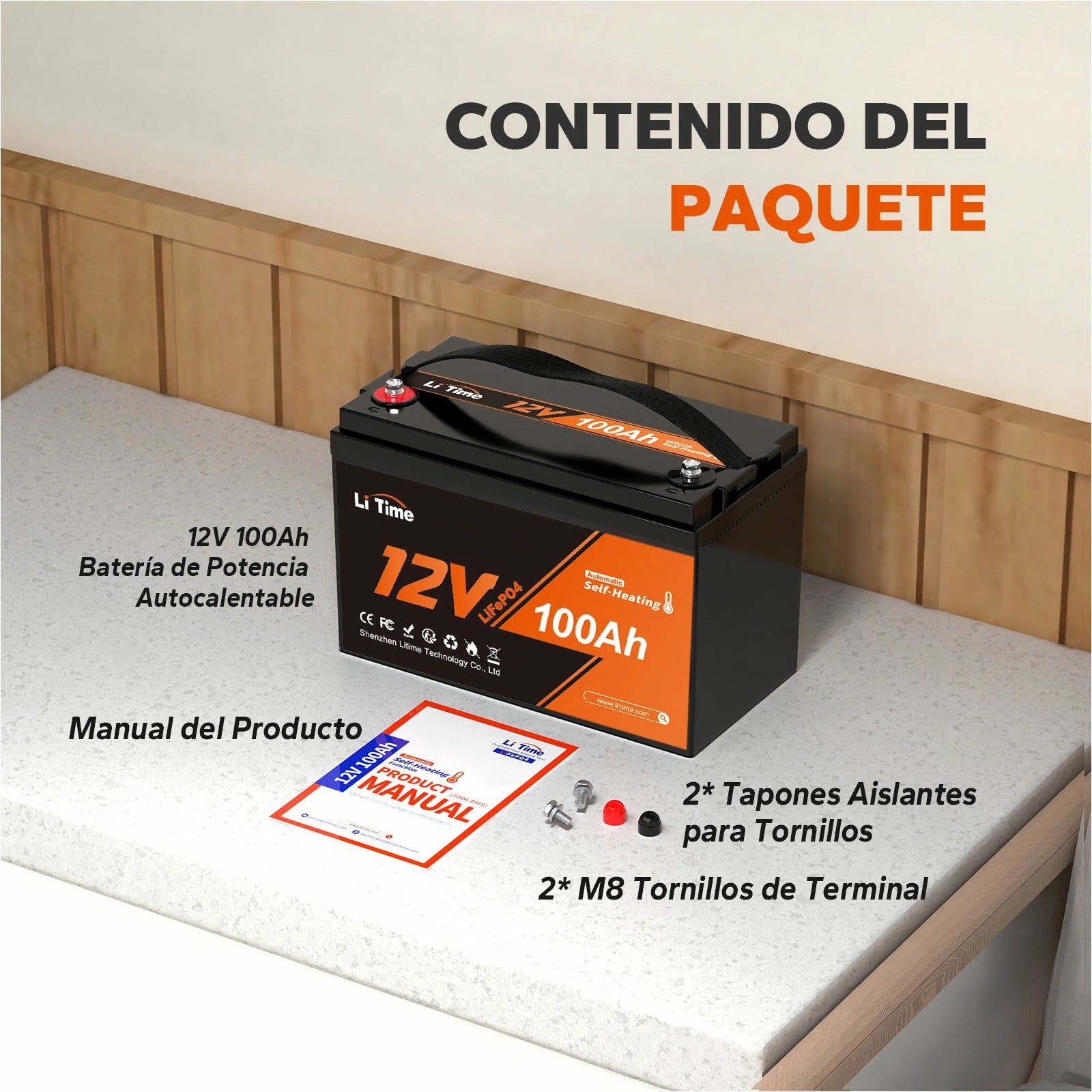LiTime 12V 100Ah Batería LiFePO4 de ciclo profundo con autocalentamiento y protección contra bajas temperaturas