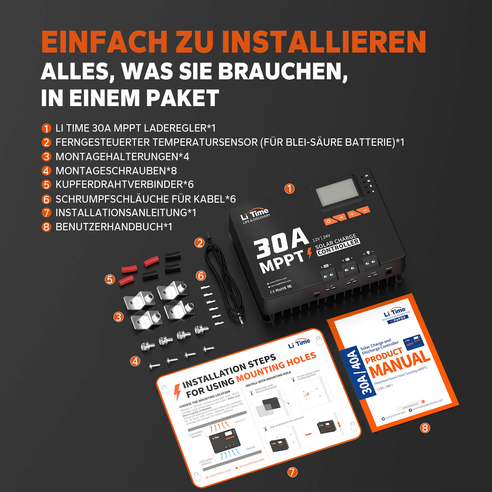 LiTime Regolatore Solare MPPT 30A 12V/24V con Bluetooth - LiTimeFR/IT/ES