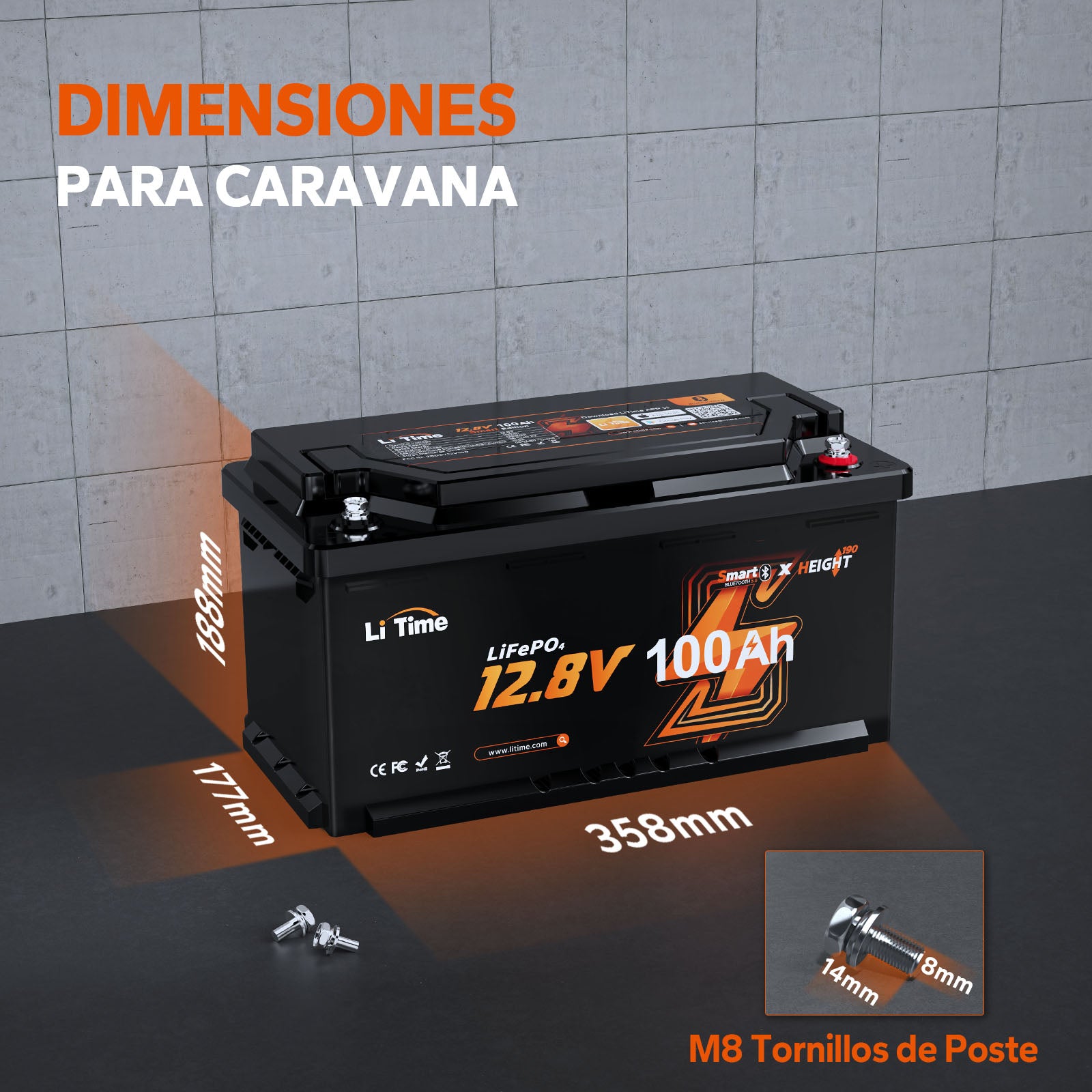 Batería LiFePO4 12V 100Ah H190 para Autocaravanas – Bluetooth, Montaje Bajo Asiento, Formato DIN H8