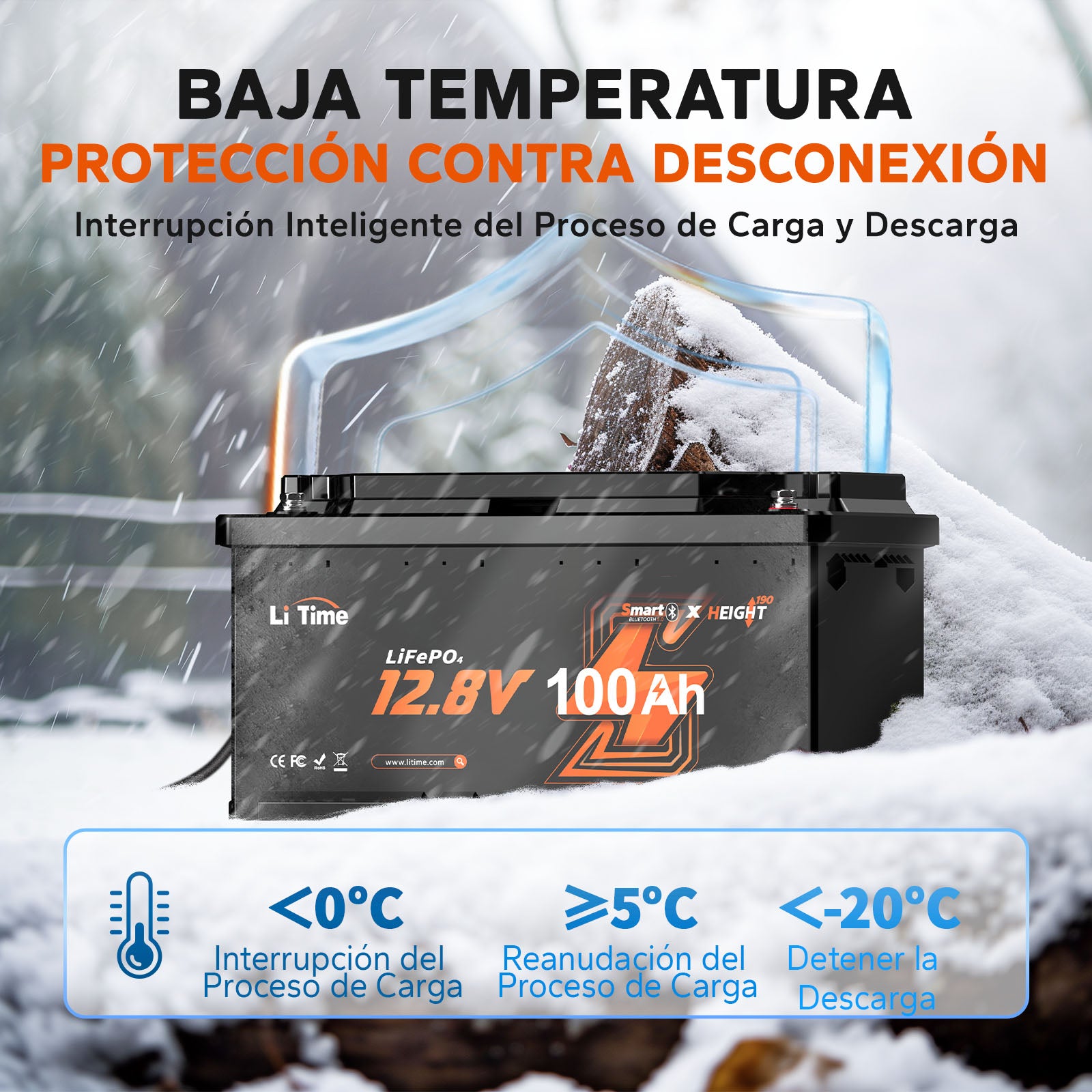 Batería LiFePO4 12V 100Ah H190 para Autocaravanas – Bluetooth, Montaje Bajo Asiento, Formato DIN H8