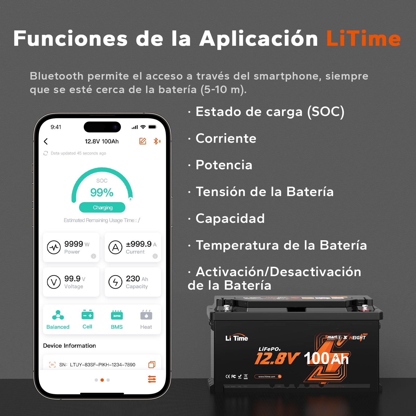 Batería LiFePO4 12V 100Ah H190 para Autocaravanas – Bluetooth, Montaje Bajo Asiento, Formato DIN H8
