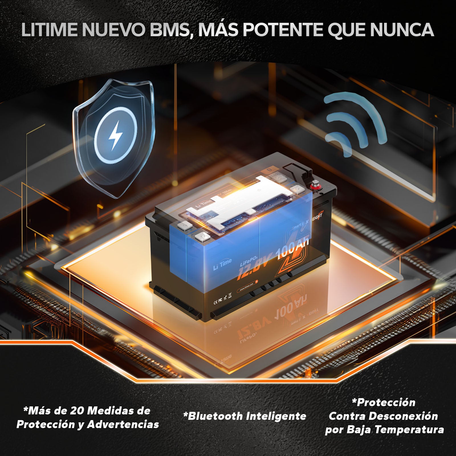 Batería LiFePO4 12V 100Ah H190 para Autocaravanas – Bluetooth, Montaje Bajo Asiento, Formato DIN H8