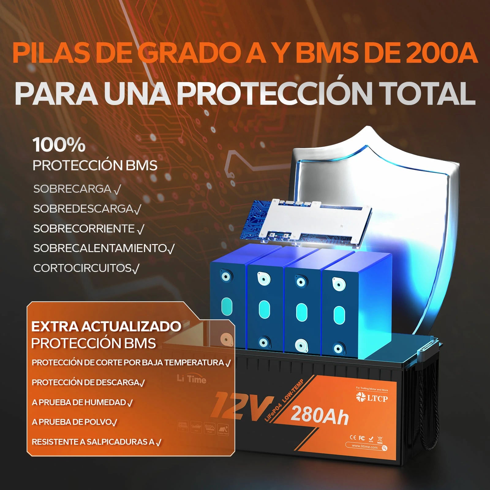 LiTime 12V 280Ah Plus Batería de Ciclo Profundo con Protección en Baja Temperatura - BMS de 200A